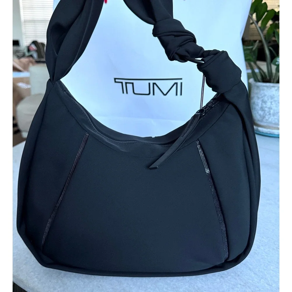 TUMI Asra Small Hobo Bag Black Nylon Pleated Knotted Shoulder Strap Handbag NEW